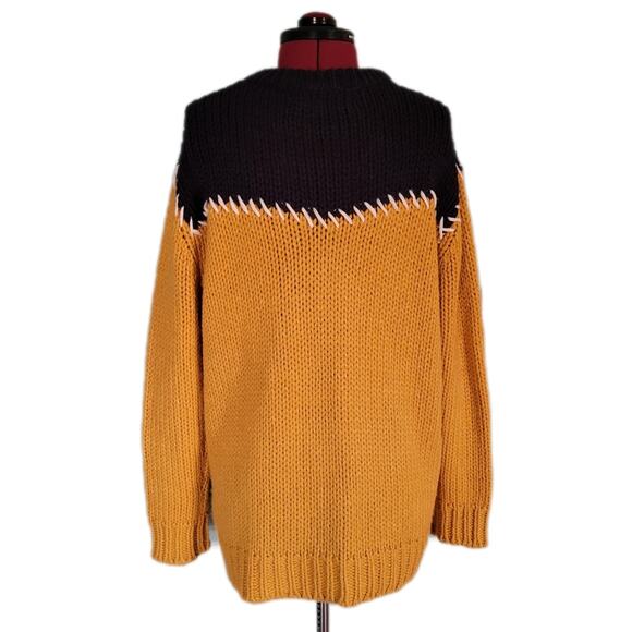 Zara Yellow & Navy Color Block Beaded Embroidered Oversized Chunky Sweater sz S - Picture 5 of 8